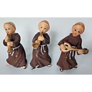 Vintage National Potteries Co 3 Musical Monks Friars Statues Japan 5" Tall PB177